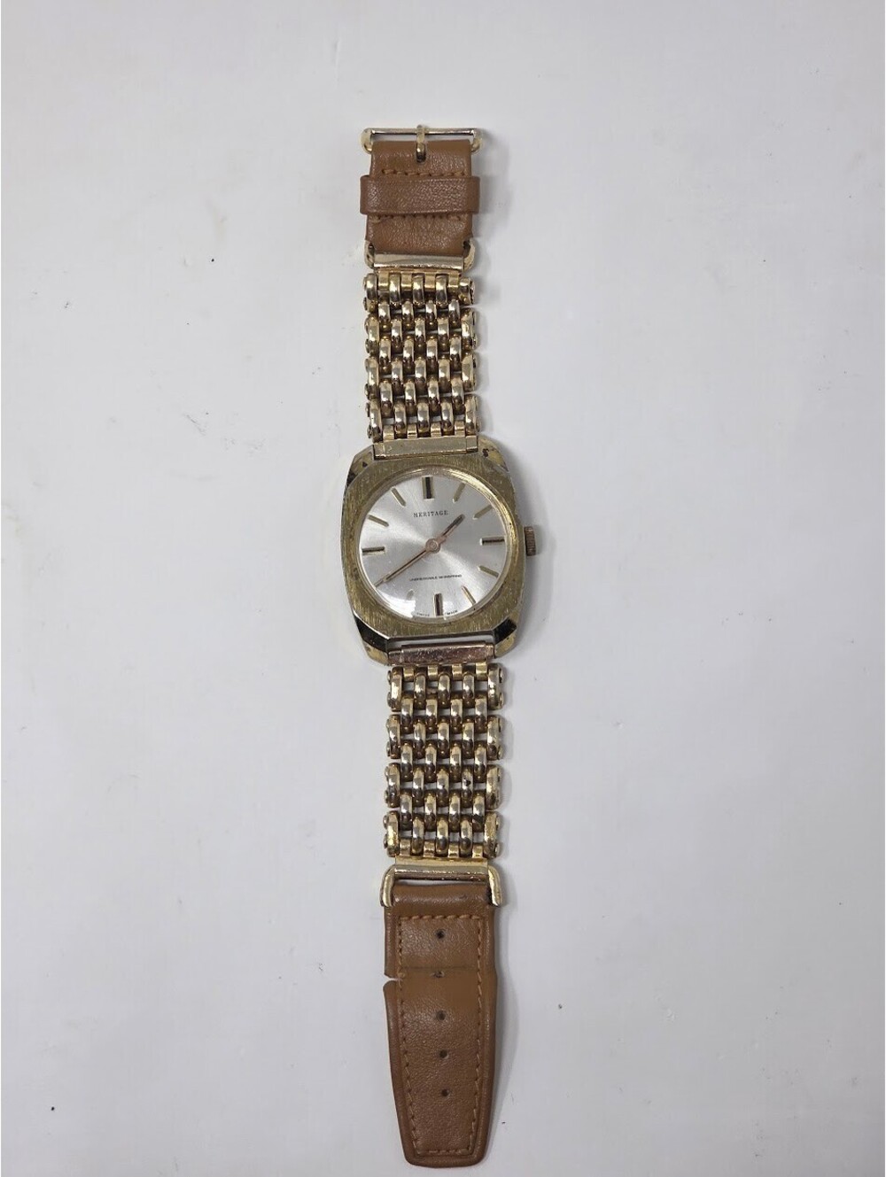 Heritage Swiss Manual Wind Wristwatch Gold Tone Case Silver Dial Watch